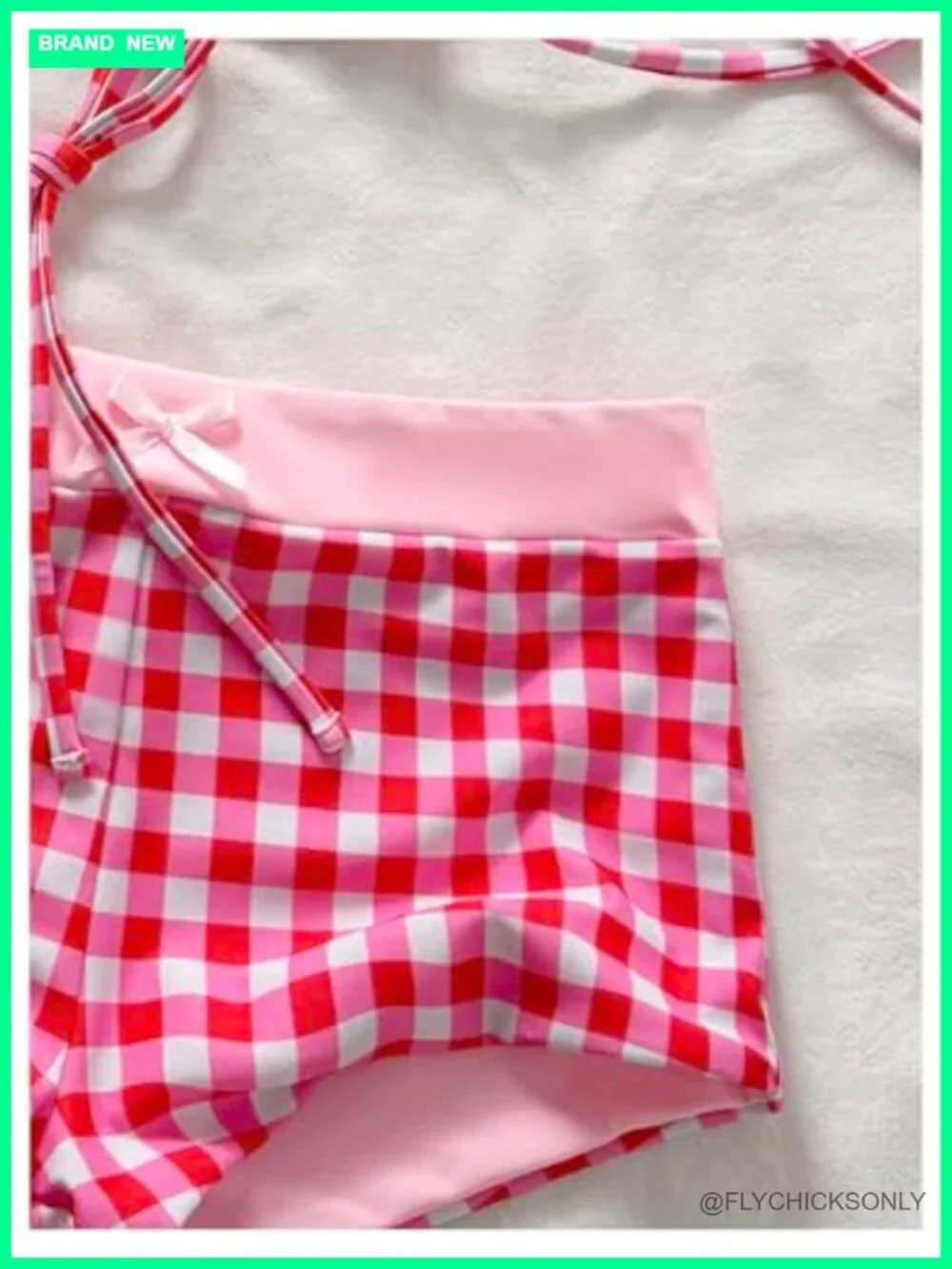 Gingham Bow String Bikini Set with Thong and Beach Shorts